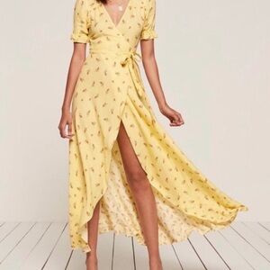 Reformation Floral Yellow Wrap Dress